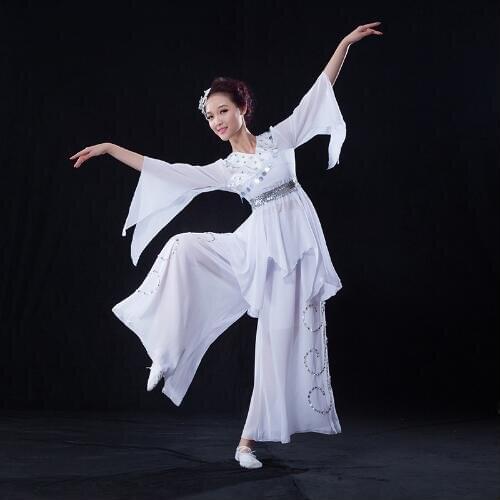 099) White skirt dancer classical dance costumes custom Fan Chinese folk Dance Umbrella poetry eleggant fairy stage costumes