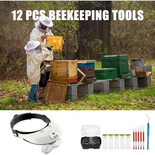 12PCS Bee Tools Beekeeping Equipment Headband Magnifier with 5 Detachable Lenses Bee Queen Cage Bee Queen Rearing Grafting Tool