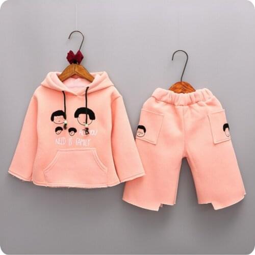 16 Korean Childrens Garment Autumn 2 Pieces Set New Pattern Cartoon Increase Down Thickening Girl Jacket Wide Leg Pants Suit