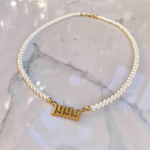 1980-2010 Gold Birth Year Necklace Choker Angel Pendant Charms Imitation Pearl Necklace Collier Femme BFF Wedding Birthday Gift