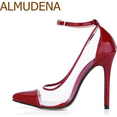 ALMUDENA Pointed Toe Transparent PVC Dress High Heels Red White Black Patent Leather Patchwork Stiletto Heel Shoes Ankle Strap