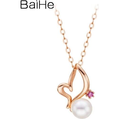 BAIHE Solid 18K Yellow Gold 5-5.5mm freshwater Pearl 0.015ct Natural Ruby Trendy Fine Jewelry butterfly Pendant Necklaces Women
