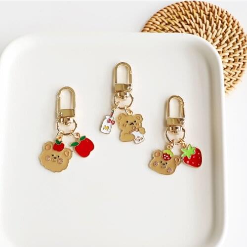 High Quality Anime Cute Fruit Bear Keychain Car Accessories Keychain for Women Keyrings Couple Gift Airpods Pendant Phone Charm