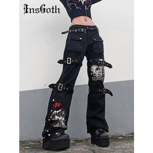 InsGoth Y2K Punk Skull Print Black Buckle Pants Harajuku High Waist Big Pocket Trousers Goth Mall Grunge Cargo Pants Techwear
