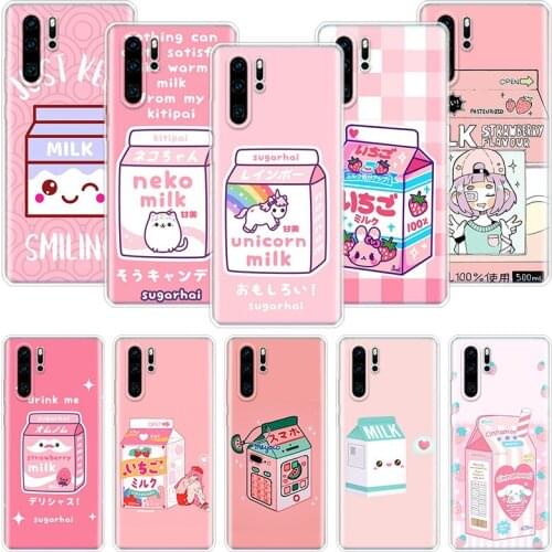Kawaii Japanese Strawberry Milk Box Phone Case For Huawei Honor 10 9 20 9X 8A 8X 8S 7A 7X Lite Pro 10i 20i Y5 Y6 Y7 Y9 2019 Cove