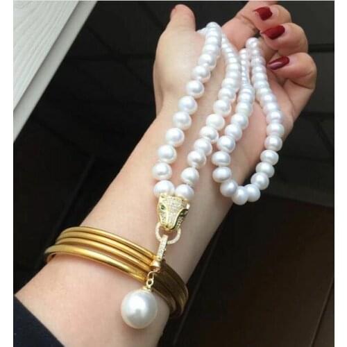 LONG 30" HUGE NATURAL 9-10 MM WHITE PEARL NECKLACE + PENDANT