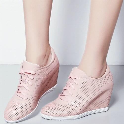 Breathable Fashion Sneakers Women Lace Up Cow Leather Wedges High Heel Ankle Boots Female Round Toe Platform Oxfords Casual Shoe