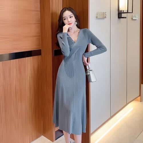 Elegant Korean Lady Office Dress Long Sleeve Warm Knitting Dresses Autumn Sexy V-neck Long Sweater Vestidoes Female Streetwear