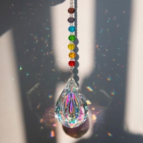 H&D Chakra Crystal Suncatcher Rainbow Maker Window Hanging Pendent with 76mm Large Chandelier Crystal AB Prism Drops Home Decor