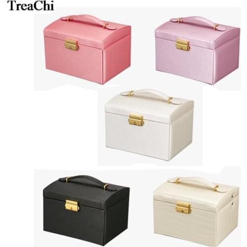 Fashion Three Layer Luxury PU Exquisite Makeup Case With Lock and Mirror Travel Jewelry Organizer Storage Collection Gift Box