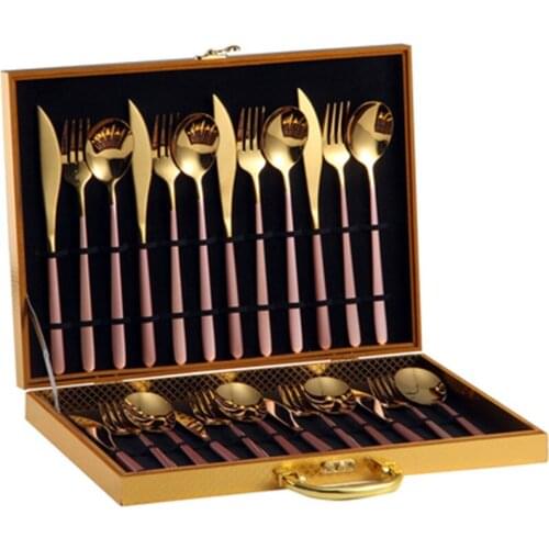 24pcs Gold Dinnerware Set Stainless Steel Tableware Set Knife Fork Spoon Luxury Cutlery Set Gift Box Flatware Dishwasher Safe
