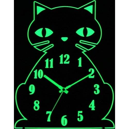 Wall Clock with Numerals Hands Glow Dark Cat Shape Night Light Wall Clock Retro Wooden Wall Indoor Living Room Clock Luminous