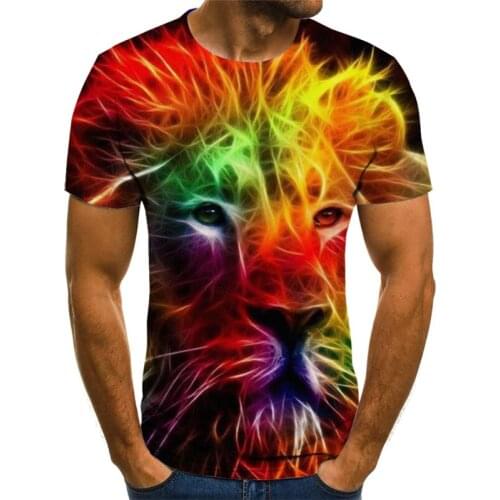 Technical line stitching animal lion element T-shirt summer new 3D printing animal lion mens animal T-shirt childrens T-shirt