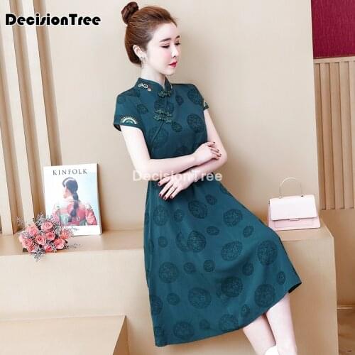 2021 traditional chinese improved dresses women oriental elegant classic cheongsam cotton linen short sleeve qipao lady dress