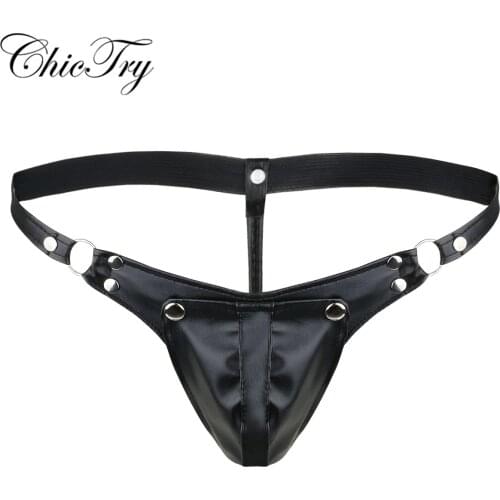 New Arrival Sexy Mens Panties Faux Leather Buckled Bulge Pouch Briefs G-string Jockstrap Gay Underwear for Nightwear Underpants