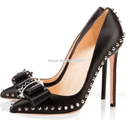 ALMUDENA Nude Black Bowtie Metallic Rivets High Heel Shoes 12cm Heel Pointed Toe Butterfly Knot Studded Dress Pumps Wedding Heel