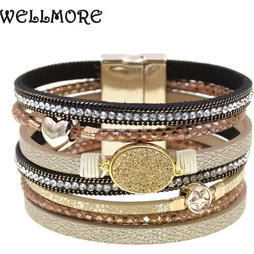 WELLMORE metal charm Leather Bracelets For Women Multiple Layers stone wrap Bracelets women girl gifts fashion Jewelry wholesale