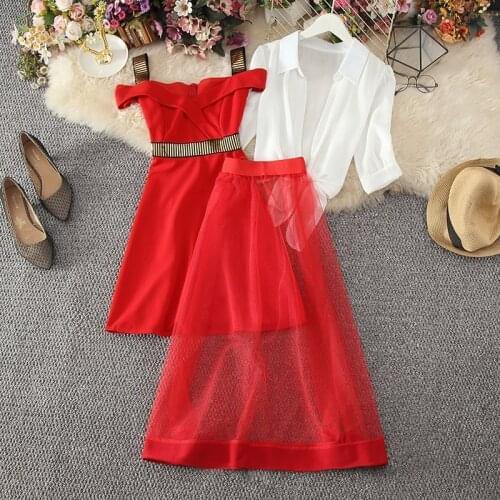 Women Puff Sleeve Kimono Chiffon Shirt Top Mini A Line Sequined Ruffle Spaghetti Strap Dress Mesh Skirts New Three Pieces Sets