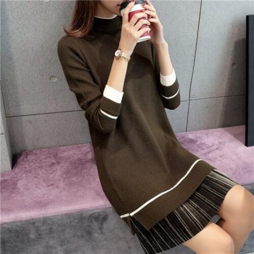 2018 long sweater skirt fall and winter wear new loose Korean dress half high collar pull the end of the sweater