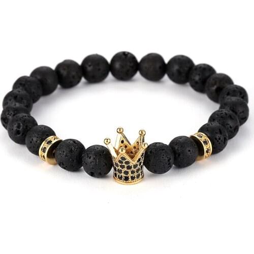 2019 Classics Black Lava Natural Stone Beads Bracelets For Women Vintage Design Crown Bead Strand Bracelet Jewelry Men Gifts