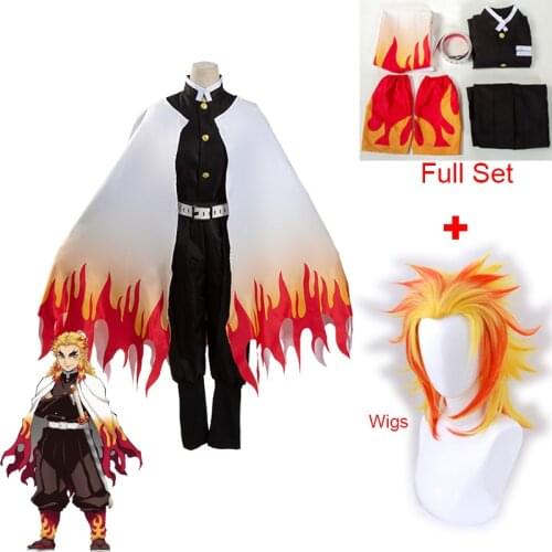 2020 The Movie: Mugen Train Demon Slayer Cosplay Costume Rengoku Kyoujurou Cosplay Wig and Kisatsutai Uniforms Halloween Party