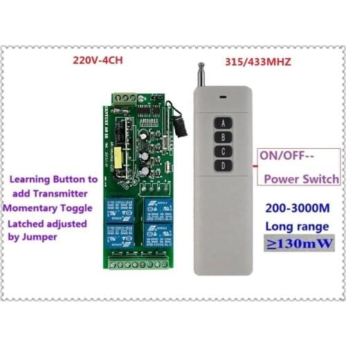 3000m Long Range Remote Control Switch DC 220V 4CH 10A Relay Receiver Transmitter Learning Light Lamp Wireless Switch 315/433MHZ