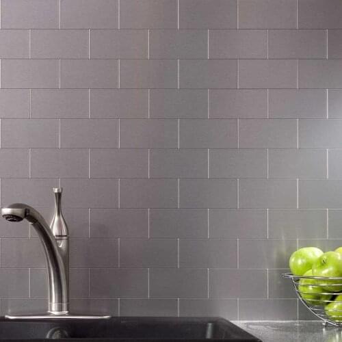 32 Pieces Peel and Stick Stainless Steel Kitchen Backsplash Tiles 3'' x 6'' Silver Brushed Metal Mosaic Wall Sticker
