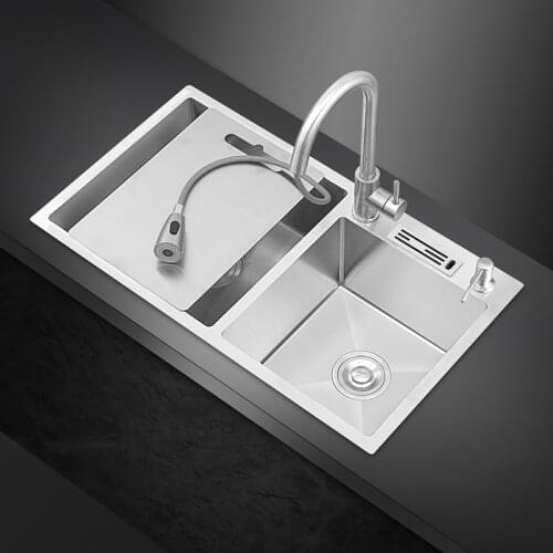 Large Handmade Sink Double Slot 304 Stainless Steel Kitchen Sink with Knife Holder Above Counter Sink Kitchen Faucet Brushed