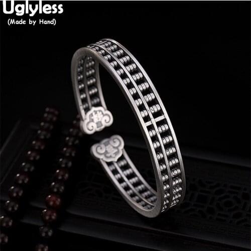 Uglyless 100% Real Solid 999 Full Silver Abacus Bangles for Women Hollow Wide Bangle Open Bracelet Bijoux Handmade Fine Jewelry