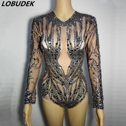 Black Shining Glass Rhinestones Bodysuit Female DJ singer DS Costume Sexy Nude Crystal Diamond catsuit Bar Party Stage costumes