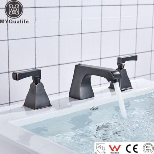 Black Bronze Bathroom Basin Faucet Deck Mounted Widespread 3 Holes Tub Sink Mixer Faucet Dual Handle Chrome Basin Crane Tap