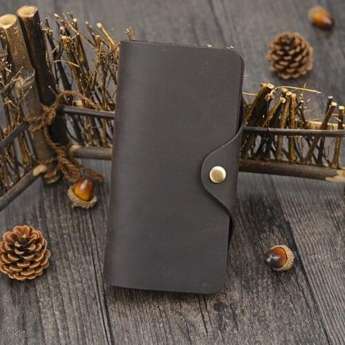 Long Purse for Credit Card Cash Dollar Button Clip Hand Wallets Retro Vintage Genuine Leather Wallet Men Natrual Cowskin