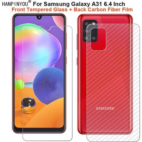 For Samsung Galaxy A31 6.4" 1 Set = Soft Back Carbon Fiber Film + Ultra Thin Premium Tempered Glass Front Screen Protector