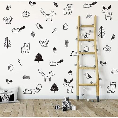 40Pcs Jungle Animal Forest Wall Sticker Kids Room Nordic Fox Bear Moose Birds Squirrel Pine Trunk Leaf Wall Decal Nursery Vinyl