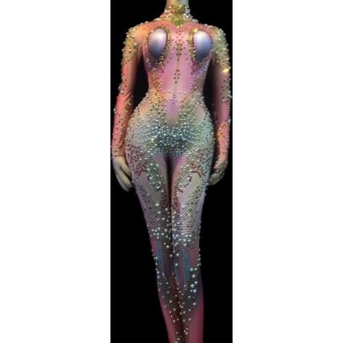 Women Celebrate Festival Jumpsuits Bar Singer Stage Dance Costume Sparkly Crystals Rhinestones Sexy Playsuit Nude Stretch Outfit