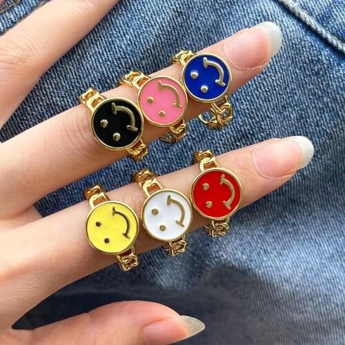 10Pcs Wholesale neon color adjustable gold plated enamel happy face Smiley ring,for Woman Gifts