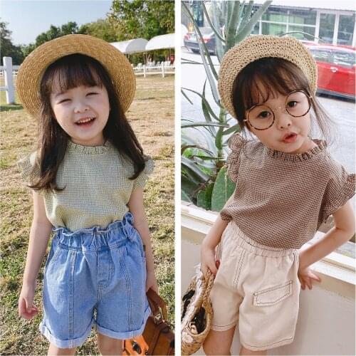 2021 Summer Baby Girls Shirts Kids Korean Sleeveless Tops Fly Sleeve Plaid Vest Shirt For Girls 2-7 Y Childrens Cotton Blouse