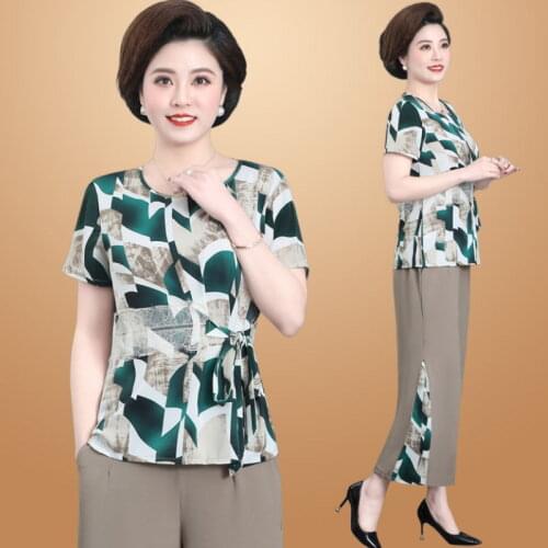 Summer Chiffon Suit Female Print Short-sleeved Top and Wide Leg Pant Suit Fashion Middle-aged and Elderly Ladies Two-piece Sets