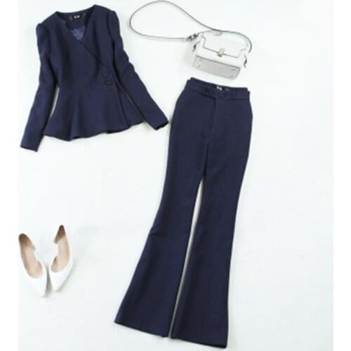 Fashion suit women 21 spring New high quality Slim fitting Blue Leisure Ruched coat + bell-bottoms pants professional Sets women