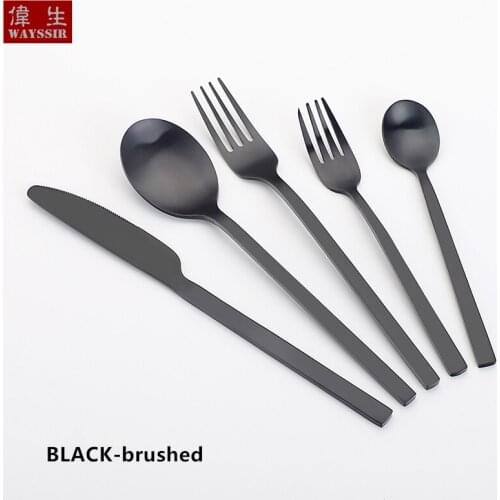 5pcs Stainless Steel Dinner Tableware Knife and Fork Set Brushed Black Cutlery Spoon Dessert Fork Portable Charger Plates Set