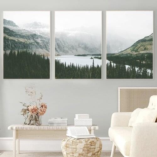Mountain Forest Lake Natural Landscape Painting Canvas Poster Print Nordic Style Wall Art Picture Modern Living Room Decoration