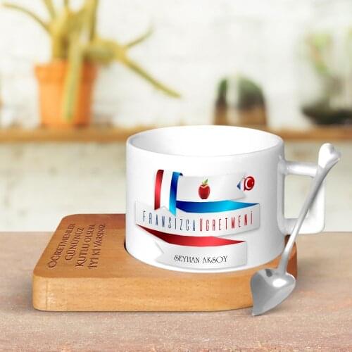 Personalized French Öğretmeni Wood Altlıklı Ceramic Cup-2