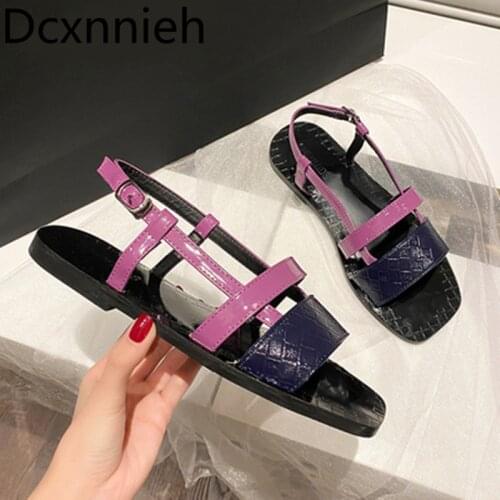 Women Fashion Design Sense All-match Genuine Leather Flat Sandals Women Summer Buckle Woven Mixed Color Personality Sandals 2021