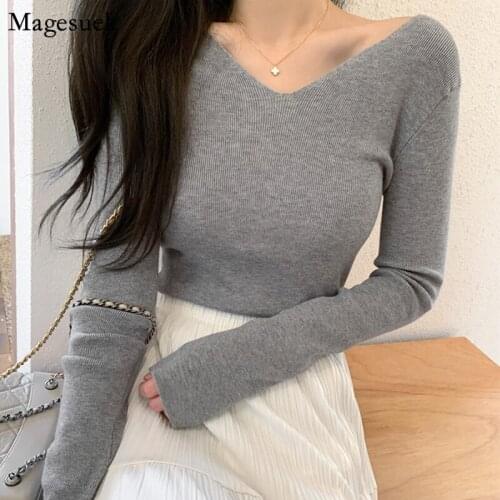 Spring New Knitted White Shirts For Women V-neck Long Sleeve Blouse Tops Female Office Lady Solid Shirt Blouses Blusas 12875