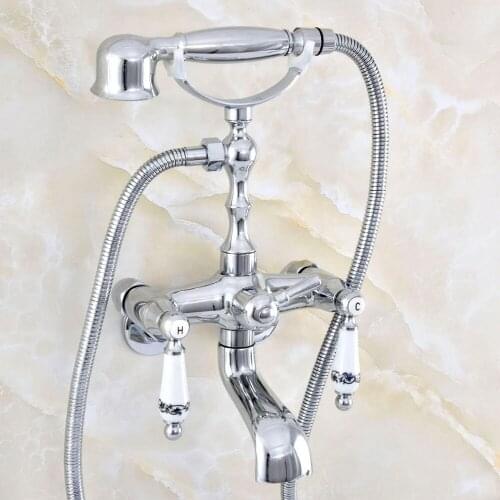 3-3/8" Polished Chrome Wall Mount Clawfoot Bathroom Tub Faucet Hand Shower Bathtub Mixer Tap Set zqg423