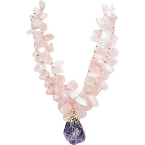 GuaiGuai Jewelry 30x44MM Natural Rose Quartz Gems Stone Geode Purple Amethyst Pendant Necklace