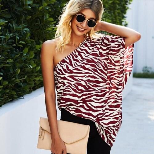 Womens Summer Spring 2021 New Zebra Pattern Street Style Tops Ladies Loose Skew Collar Chiffon Print Casual Blouses