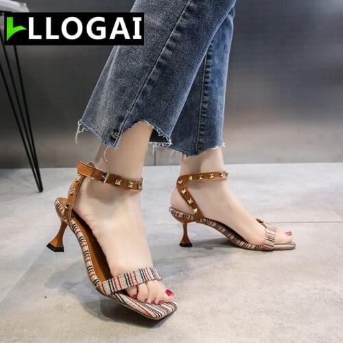 LLOGAI New Summer Womens Sandals Fashion Peep Toe Pumps Colorful Strip 6 CM Buckle High Heels Sexy Open Toe Ladies Shoes Rivet