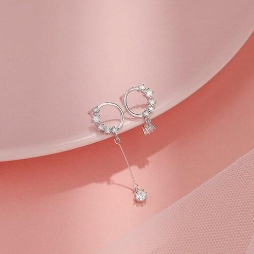 925 Sterling Silver Prevent Allergy Zircon Round Asymmetrical Stud Earrings For Women Wedding Party Gift Pendientes Oorbellen