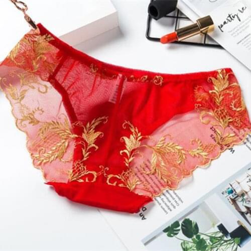 Golden Phoenix Embroidered Womens Panties Sexy Lace Female Underwear Girls Briefs Sensual Underpants Lingerie Briefs Pink 2021